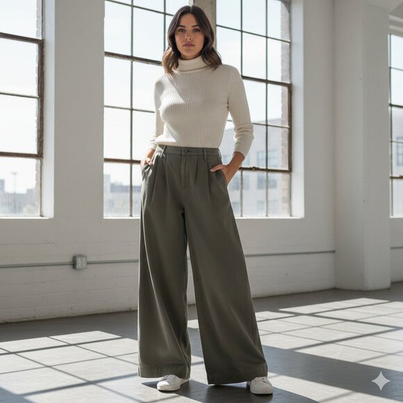 NWT a.n.a. Pleated Wide Leg Trousers Olive Khaki Size 6 - Picture 1 of 11